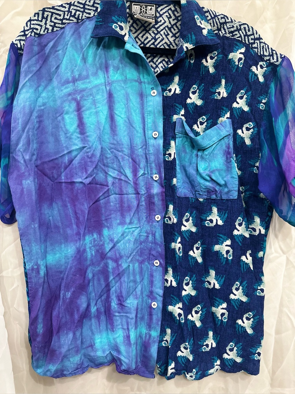 Tina Hagen Blue & Purple Patchwork Short-Sleeve Button-Down Shirt